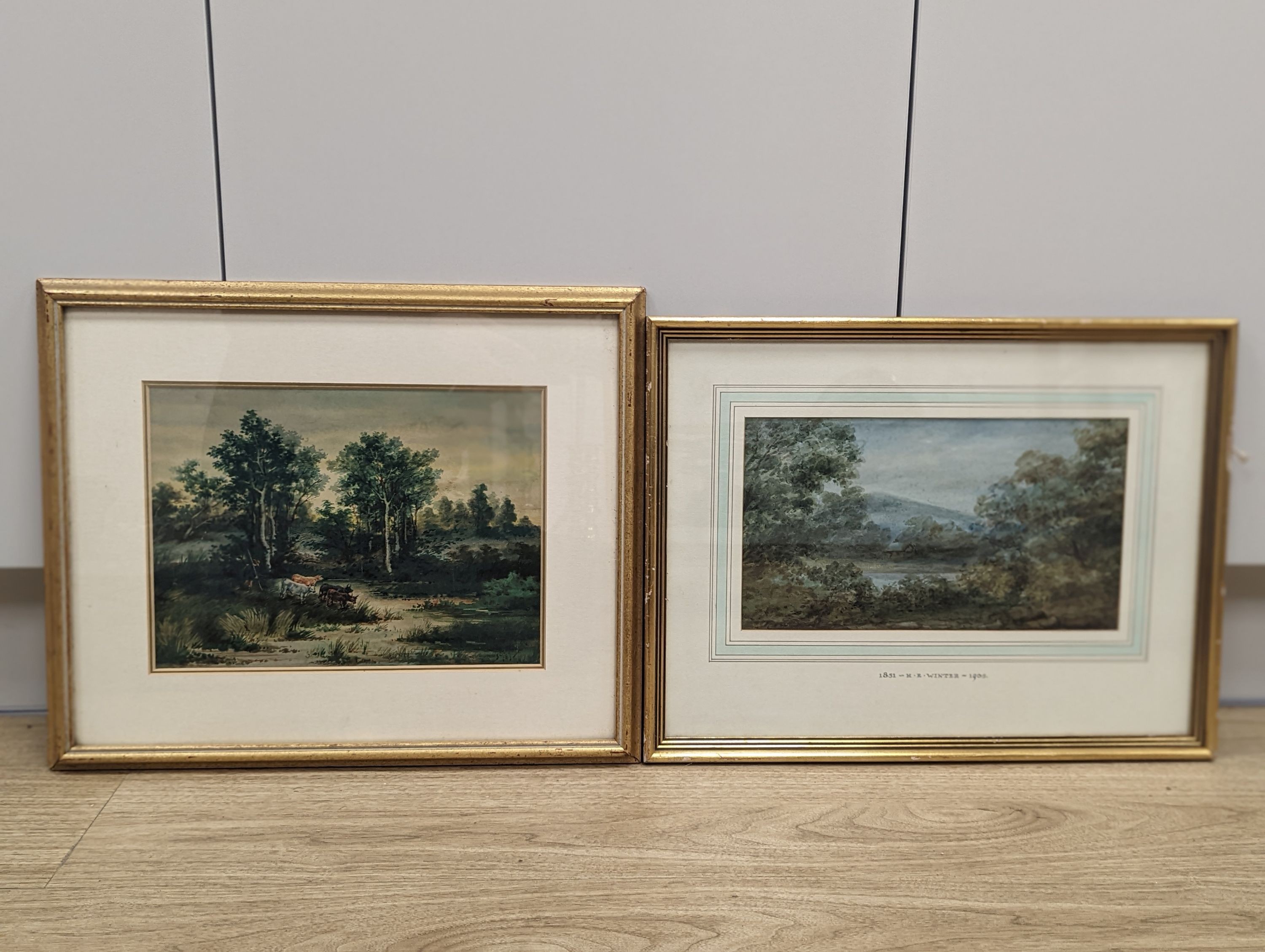 Attributed to Holmes Edwin Winter (1851-1935), watercolour, Landscape, 16 x 29cm, together with one other 19th century English landscape of cows by a river, signed and dated (2)